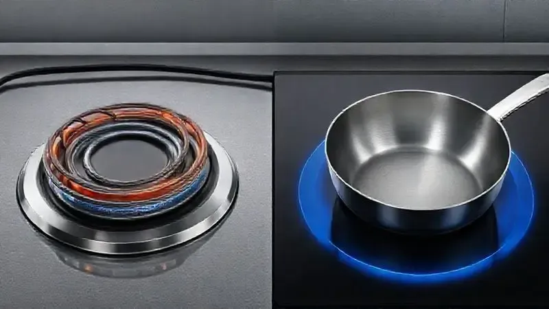 Render artístico comparando lado a lado um fogão elétrico tradicional (resistência) e um cooktop moderno de indução.