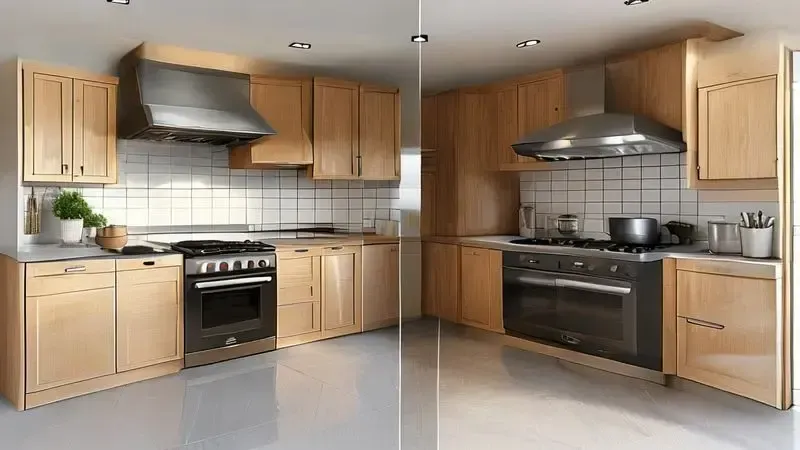 Comparação ilustrativa entre cozinha com fogão de embutir integrado e cozinha com cooktop e forno separados.