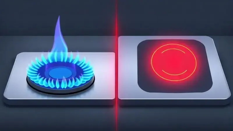 Comparativo visual entre a chama azul do fogão a gás e o calor vermelho do elemento elétrico do fogão 4 bocas.