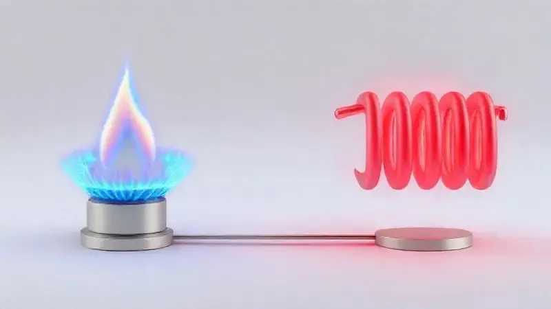 Ilustração conceitual comparando visualmente as fontes de calor: chama de gás versus resistência elétrica.