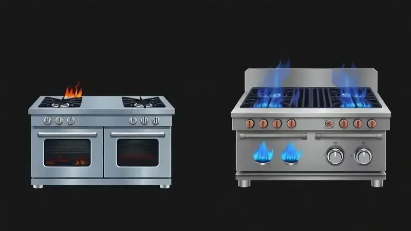 Ilustração conceitual comparando a robustez e o tamanho do fogão industrial com o modelo doméstico tradicional.