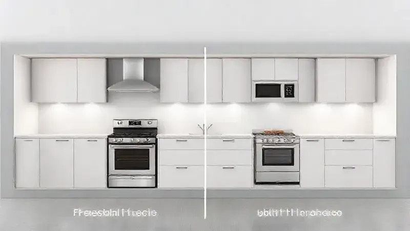 Renderização 3D da diferença entre um fogão de piso (freestanding) e um fogão de embutir, mostrando a integração com armários de cozinha.