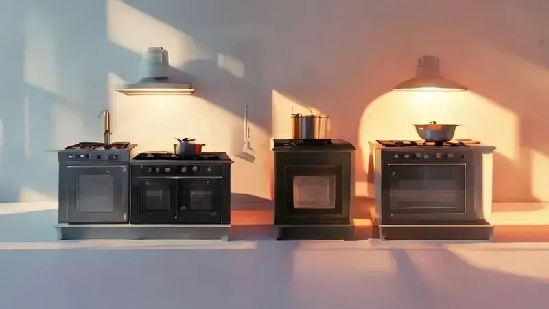 Ilustração comparativa conceitual de três tipos de fogões: de piso, embutido e cooktop autônomo.
