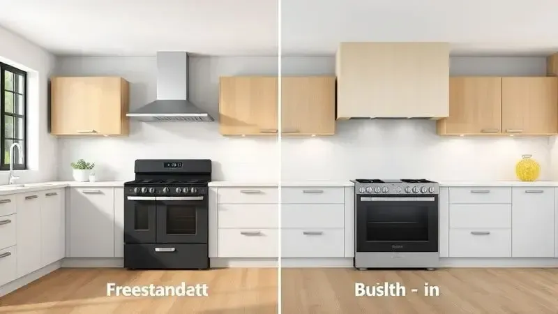 Comparação conceitual entre fogão de piso e fogão embutido em ambiente de cozinha moderna