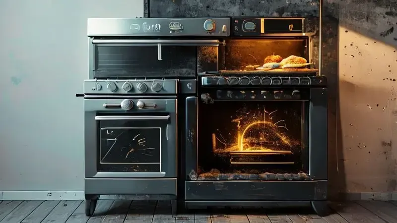 Comparação visual entre forno limpo e forno sujo, destacando a importância da limpeza regular