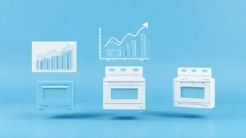 Render 3D de gráficos e análises de mercado flutuando sobre silhuetas de equipamentos industriais, simbolizando a comparação de marcas.