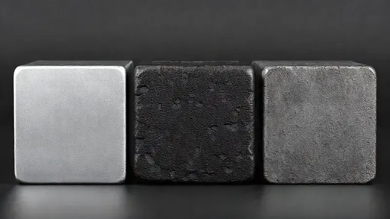 Renderização 3D de blocos de metal (aluminio, ferro fundido, aço) para comparação de materiais em chapas de fogão a lenha.