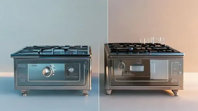 Ilustração comparativa entre superfícies de vidro temperado e inox em fogões, mostrando diferenças de limpeza e durabilidade.