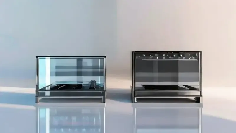 Comparação conceitual entre superfícies de vidro temperado e inox para fogões
