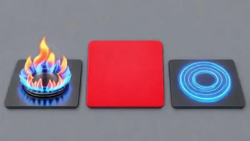 Renderização 3D ilustrando os diferentes tipos de cooktops 5 bocas: a gás, elétrico e por indução.
