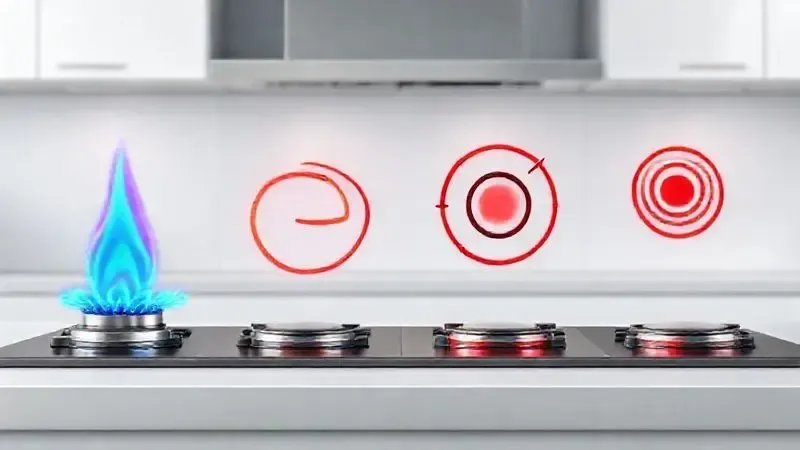 Ilustração conceitual de quatro tipos de fogões cooktop: gás, elétrico, indução e híbrido, para comparação visual.