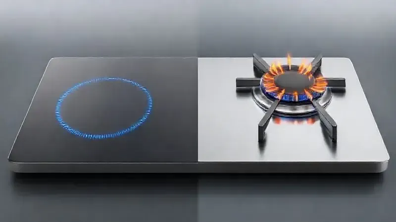 Ilustração comparativa conceitual de um cooktop por indução e um fogão a gás, representando os diferentes tipos.