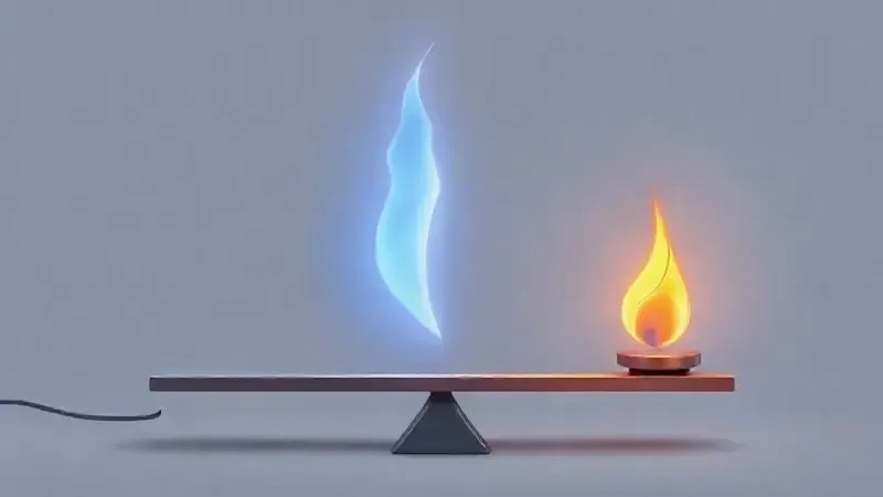 Ilustração conceitual comparando dois lados de uma balança: a tecnologia de indução (brilho azul) e o cooktop a gás (chama laranja).