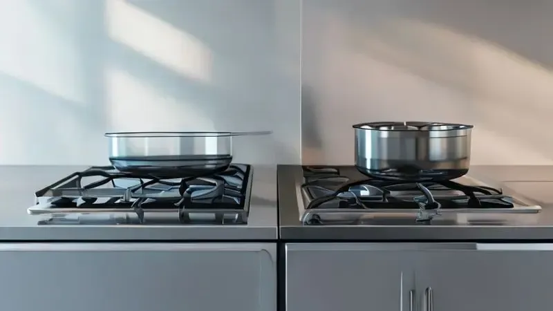 Comparação visual entre superfície de vidro temperado e inox em fogões de cozinha