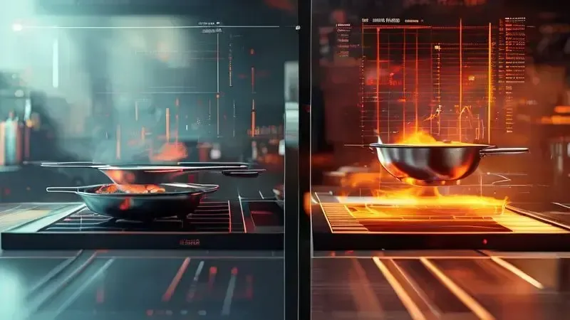 Cena conceitual comparando desempenho de fogões mostrando visualização de velocidade e precisão de temperatura