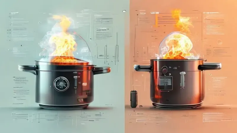 Ilustração comparativa das principais diferenças entre fogões de alta e baixa pressão.