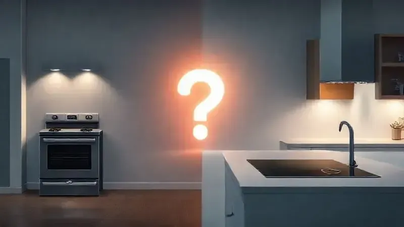 Ilustração conceitual comparando um fogão de piso tradicional e um cooktop, representando a escolha ideal para a cozinha.