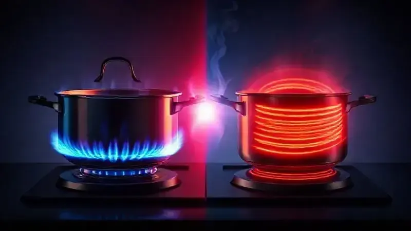 Ilustração conceitual comparando visualmente as chamas do fogão a gás com a resistência do fogão elétrico.