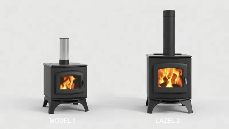 Ilustração comparativa mostrando diferenças de tamanho entre fogão a lenha modelo 1 e modelo 2.