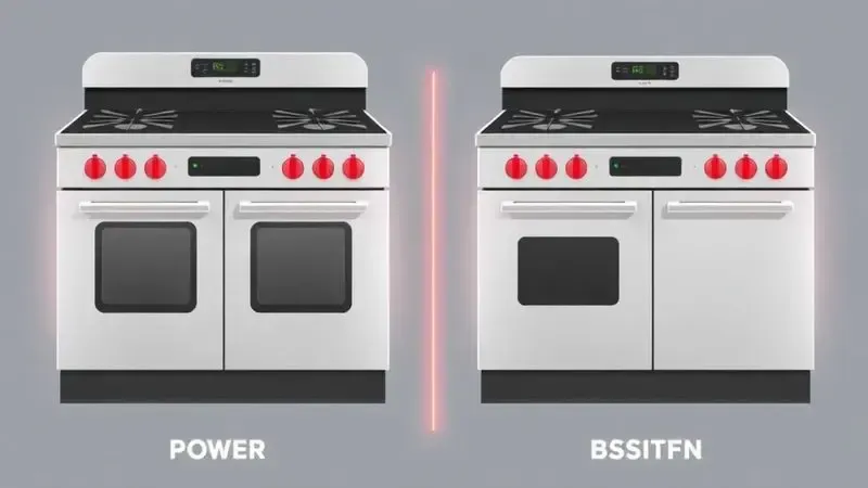 Ilustração de comparação entre dois fogões com diferentes níveis de potência e design, simbolizando a escolha entre marcas.
