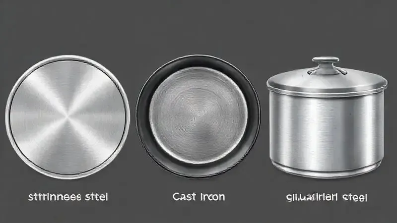Ilustração comparativa de materiais como aço inoxidável e ferro fundido, destacando durabilidade para fogões industriais.