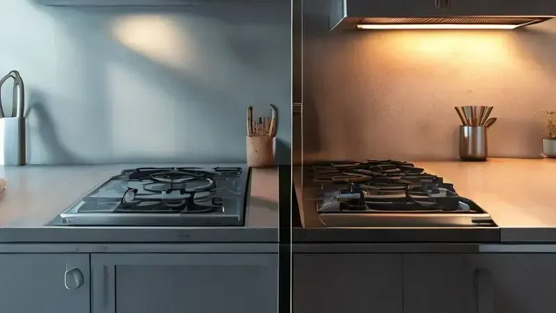 Comparativo visual entre mesa de fogão de vidro temperado e inox mostrando diferenças de textura e aparência