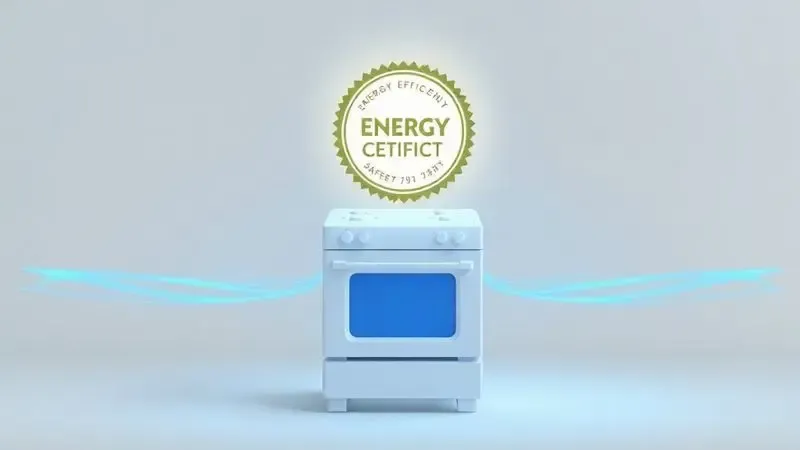 Render 3D mostrando conceito de eficiência energética com selo de certificação flutuando sobre silhueta de fogão.