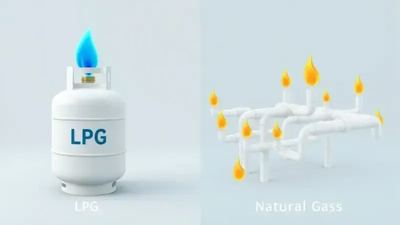 Ilustração conceitual comparando sistema de gás GLP em cilindro com gás natural encanado