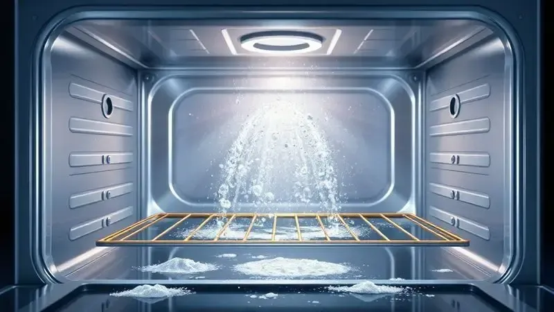 Ilustração digital mostrando conceito de forno com tecnologia de autolimpeza com partículas de sujeira desaparecendo.
