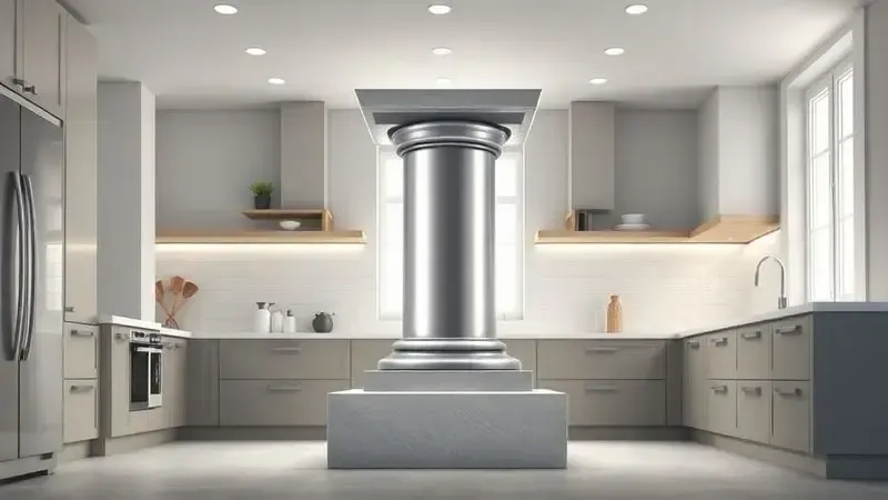 Renderização artística de um pilar de confiança em uma cozinha moderna, simbolizando a confiabilidade e tradição da marca.