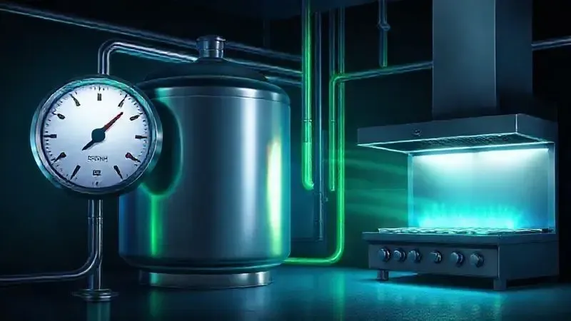 Ilustração conceitual sobre o consumo e a duração do gás em um ambiente de cozinha industrial de alto volume.