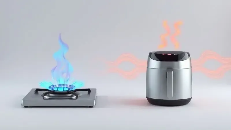 Representação conceitual do consumo de energia do fogão a gás versus air fryer