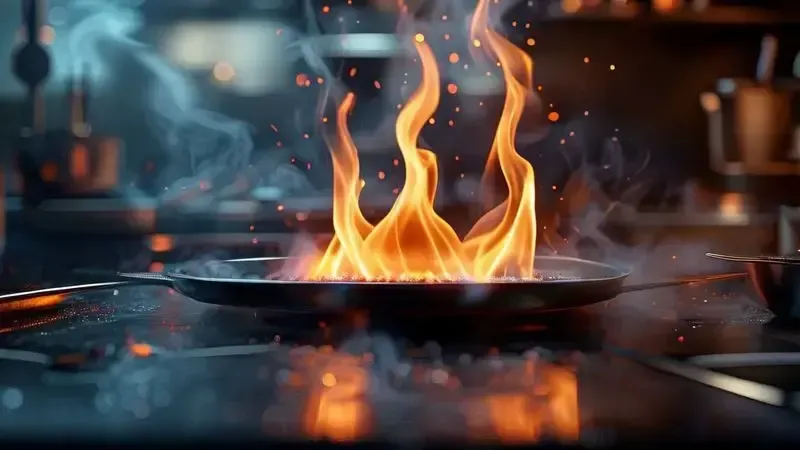 Ilustração do controle preciso de chama em fogões de baixa pressão para preparos delicados.