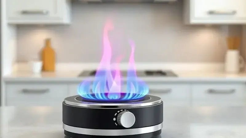 Representação conceitual do controle de intensidade da chama em queimador de fondue, mostrando diferentes alturas de chama azul para ajuste de temperatura.