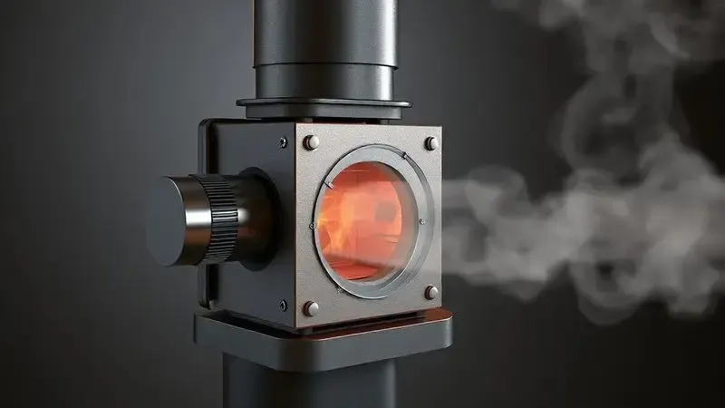 Render 3D realista do mecanismo de controle de registro de chaminé para regular temperatura e fluxo de fumaça em fogão a lenha.