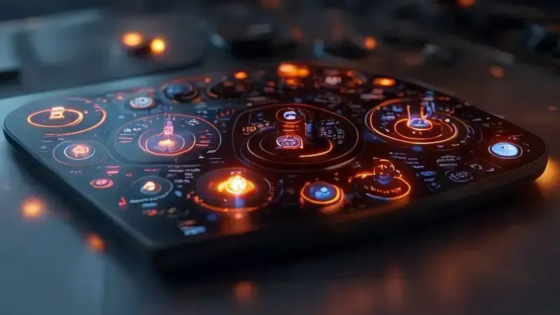 Painel de controle ilustrativo de fogão de indução mostrando modo turbo, timer e trava de segurança.