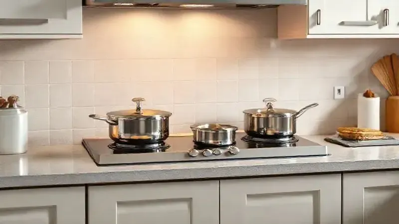 Cena renderizada em 3D mostrando um cooktop 4 bocas sendo usado com quatro panelas cheias, representando a suficiência para uma família.