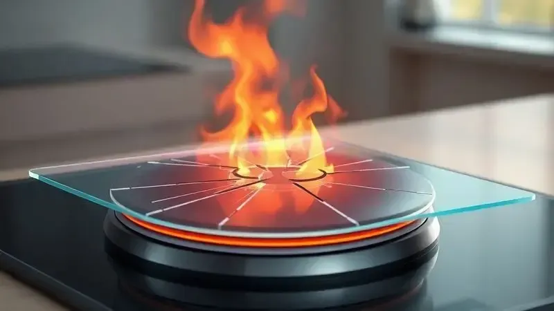 Ilustração conceitual de stress térmico em cooktop com risco sob aquecimento