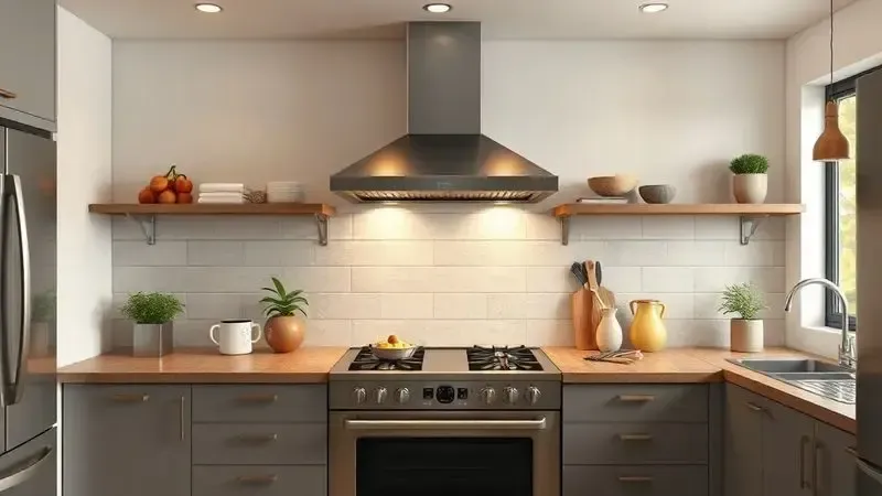 Cena conceitual de cozinha brasileira moderna com fogão 4 bocas como elemento central