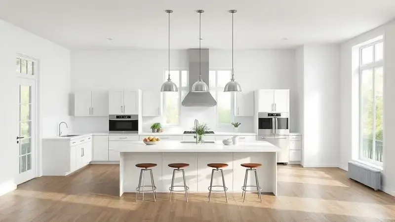 Ilustração conceitual de cozinha moderna com ilha central em ambiente integrado e bem iluminado.