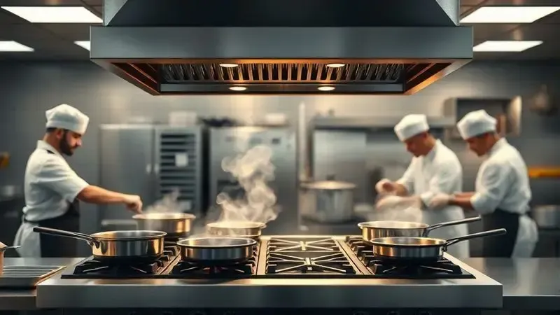 Cena conceitual de cozinha industrial mostrando chefs profissionais utilizando fogão comercial em ambiente de restaurante movimentado