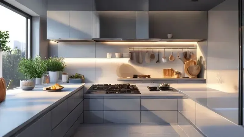 Ilustração conceitual de cozinha moderna com cooktop integrado e otimização de espaço