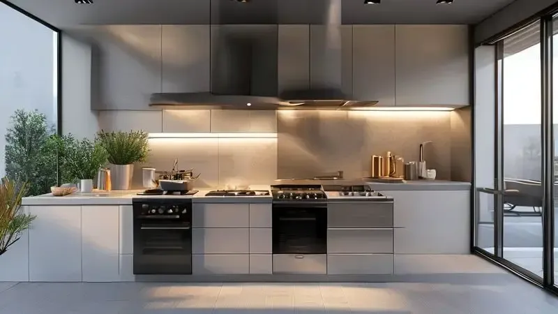 Representação ilustrativa de cozinha moderna com fogão de embutir integrado de forma elegante e sem emendas visíveis.