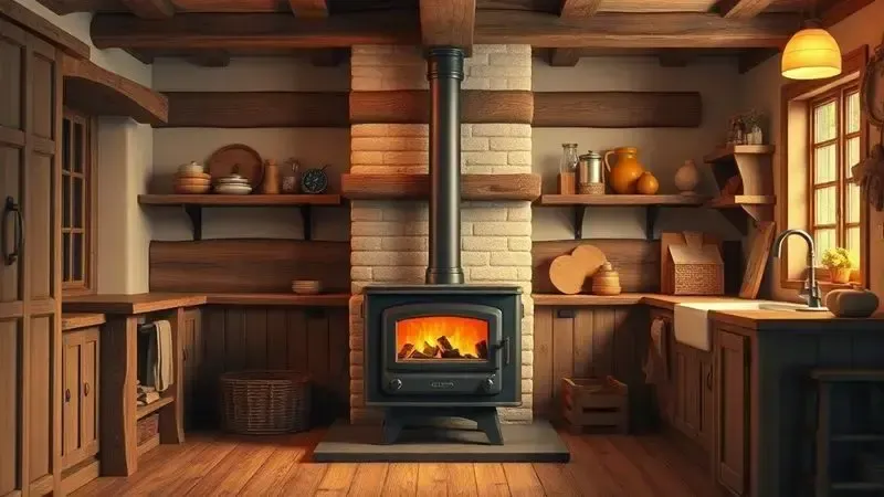 Cena conceitual de cozinha rústica com fogão a lenha como ponto focal