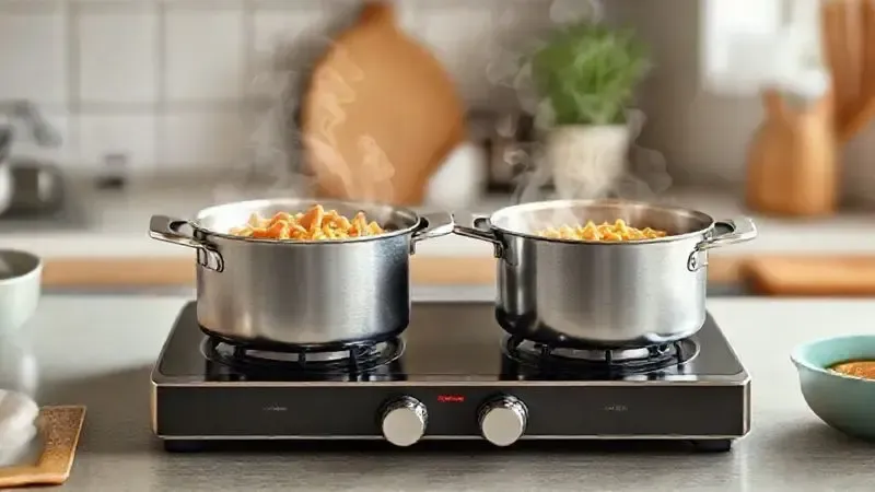 Render 3D mostrando duas panelas sendo usadas ao mesmo tempo em um cooktop de 2 bocas, simbolizando o uso diário.