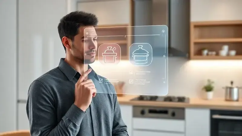 Render artístico de uma pessoa avaliando critérios e dados técnicos em uma tela holográfica para escolher o fogão de indução.