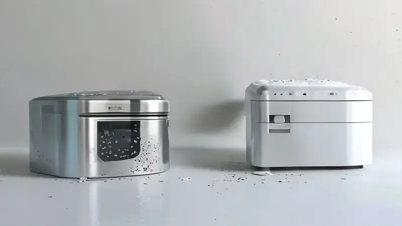 Comparação ilustrada de diferentes superfícies de eletrodomésticos - inox, plástico e pintura branca com resíduos de adesivo