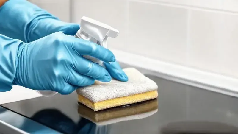 Pessoa usando luvas de proteção para aplicar produto de limpeza suavemente na superfície do fogão.