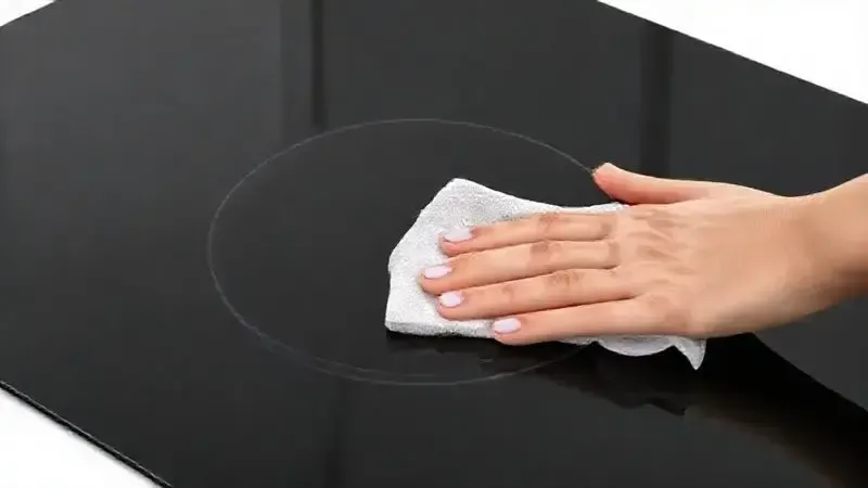 Ilustração de mãos limpando suavemente a superfície de vitrocerâmica de um cooktop de indução, enfatizando a facilidade de limpeza e os cuidados.