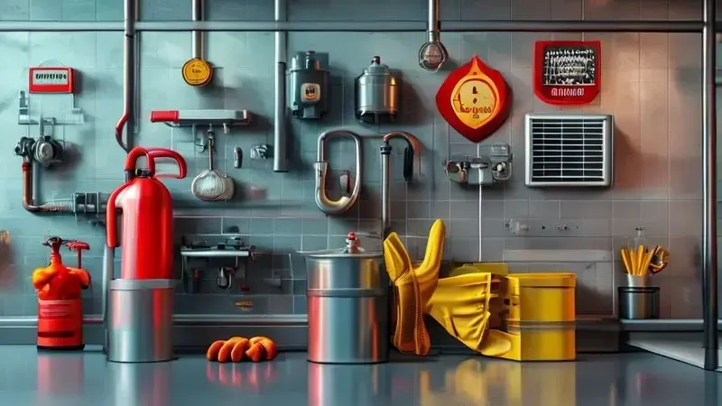 Elementos de segurança em cozinha industrial: extintor, luvas, ventilação e válvula de gás.